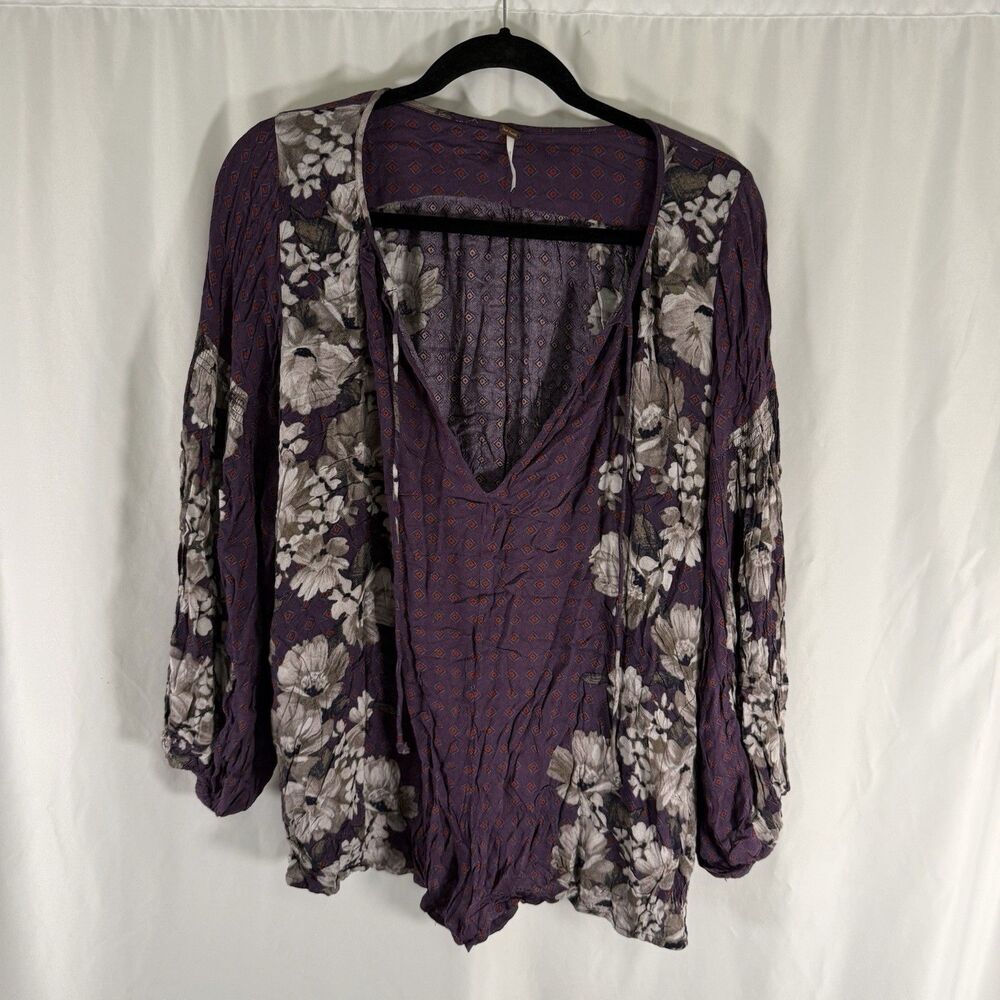 Free People Romper Women's XS Purple Floral V-Neck Long Balloon Sleeve Unlined